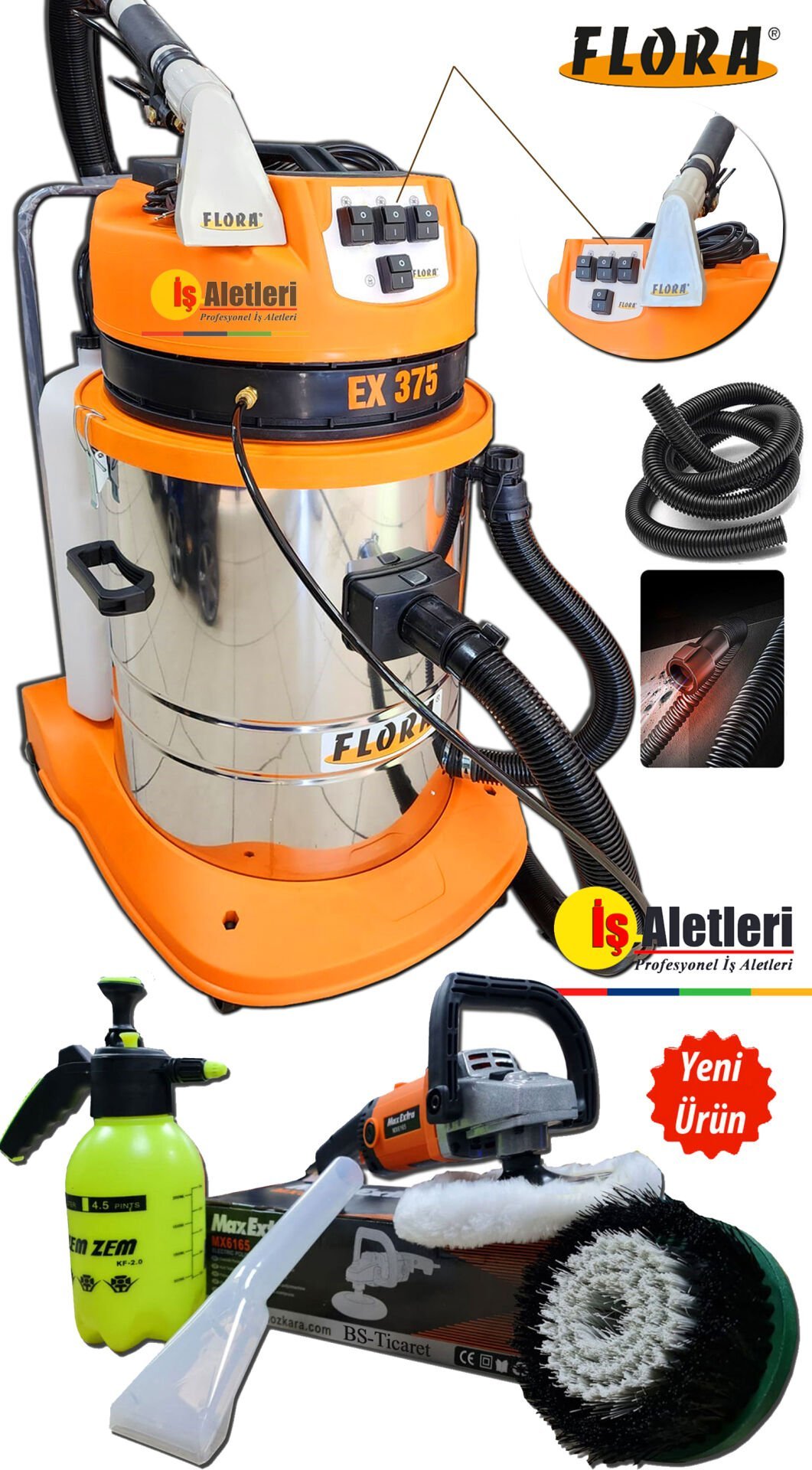 Flora 4 Motor'lu Halı ve Koltuk Yıkama Makinası 3600 Watt ve Yüksek Devirli Koltuk Fırçalama Makinesi