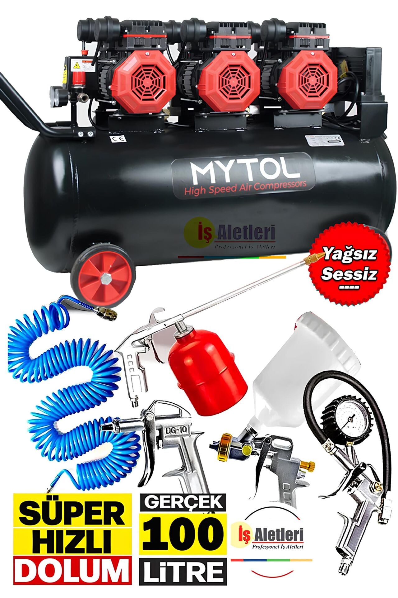 Mytol 100 Litre Yağsız Sessiz Hızlı Hava Kompresörü 6 Hp Havalı Alet Seti 5'li Boya Seti