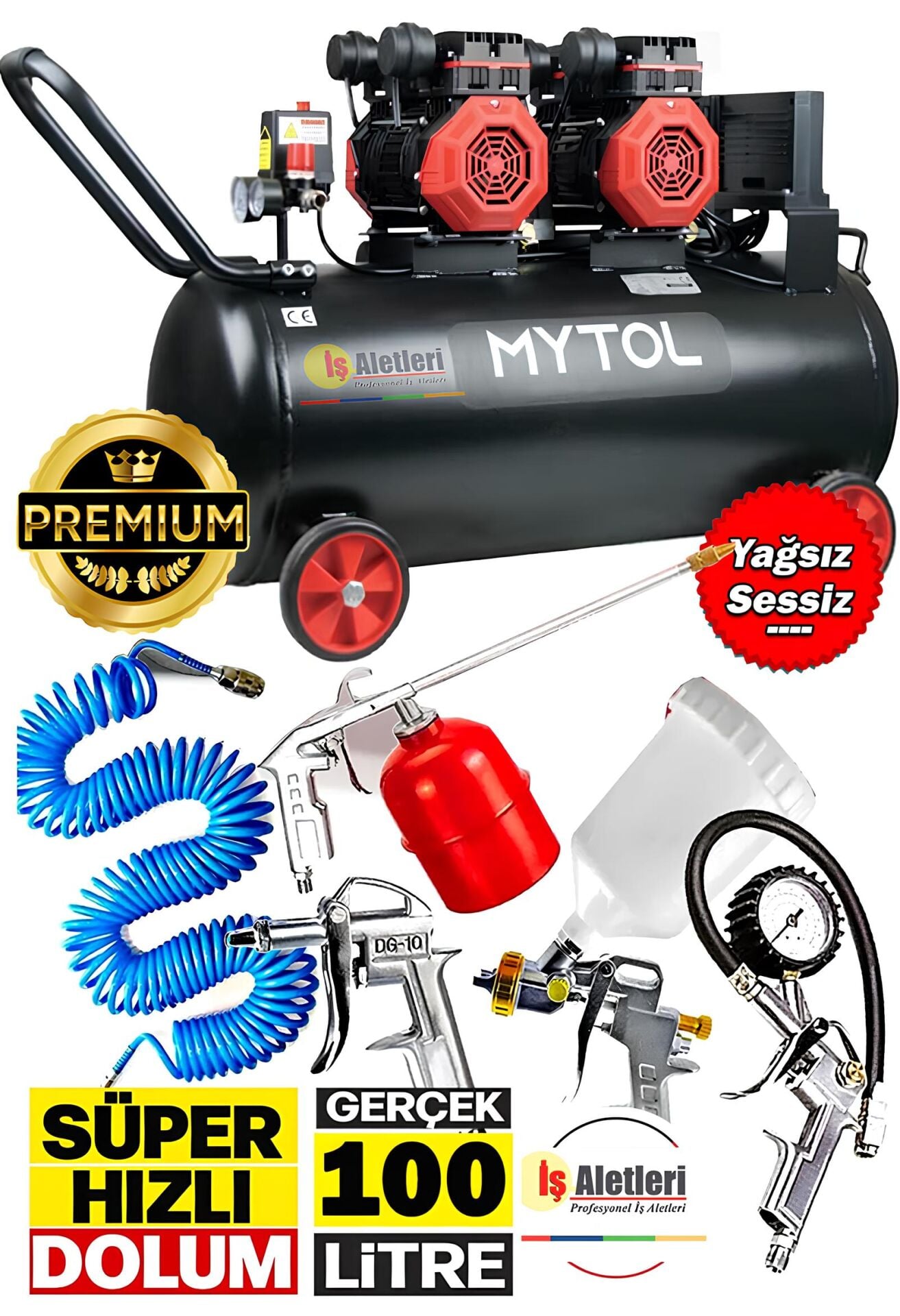 Mytol 100 Litre Yağsız Sessiz Hızlı Hava Kompresörü 4 Hp Havalı Alet Seti 5'li Boya Seti