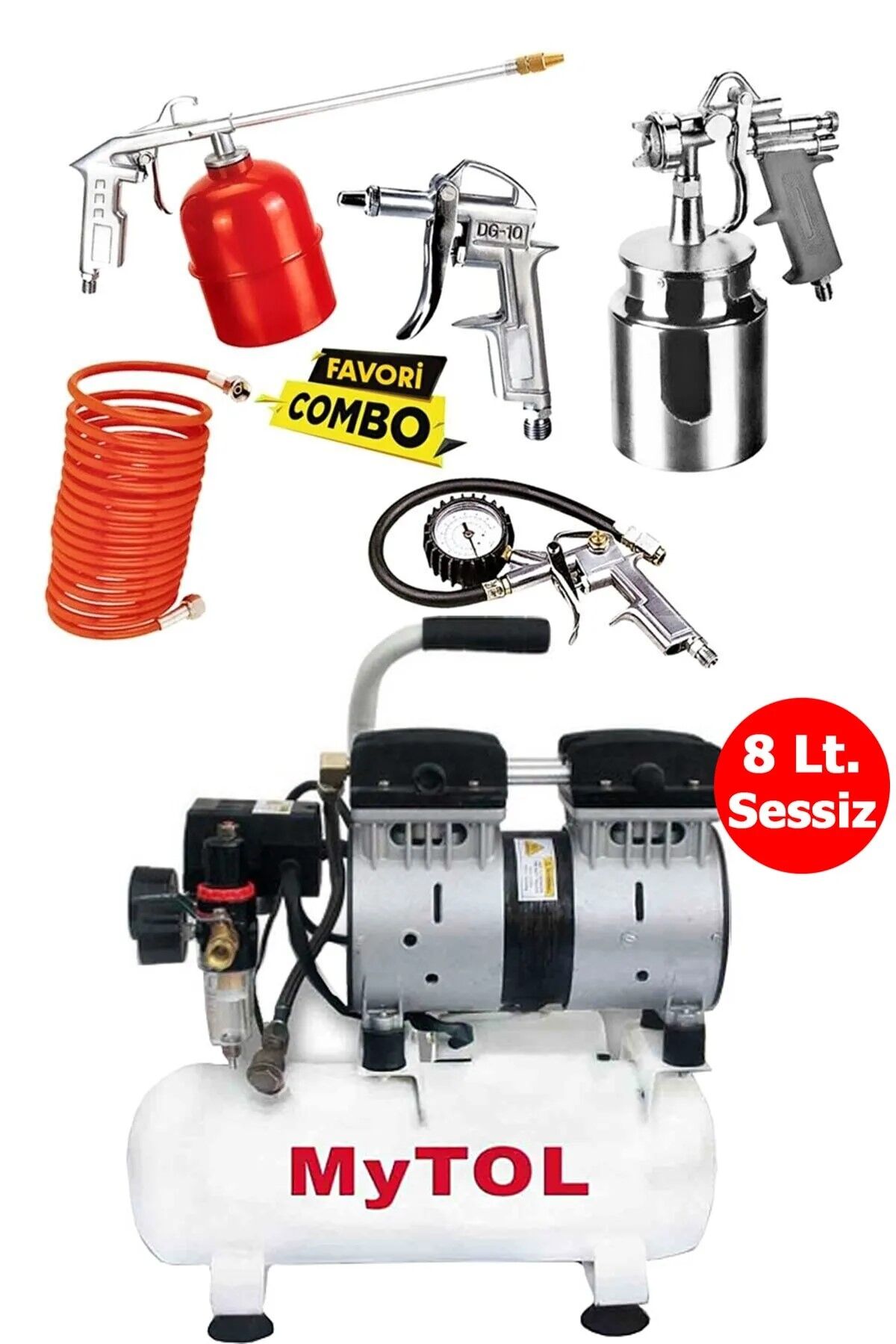 MYTOL 8 Litre Yağsız Sessiz Küçük Hava Kompresörü Ve Havalı Alet Seti 1 Hp