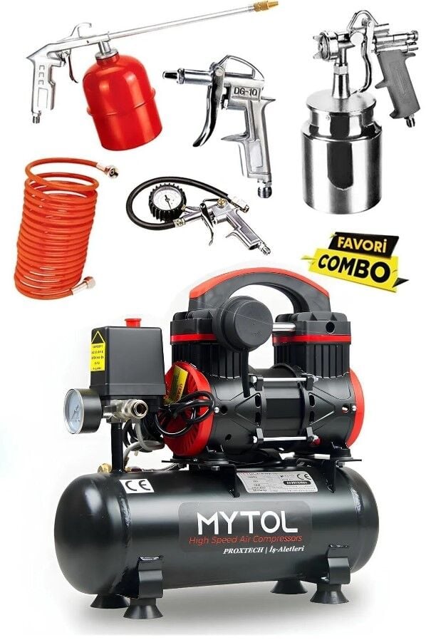 Mytol 6 Litre Yüksek Hızlı Yağsız Sessiz Hava Kompresörü 1 Hp ve Havalı Alet Seti Boya Seti