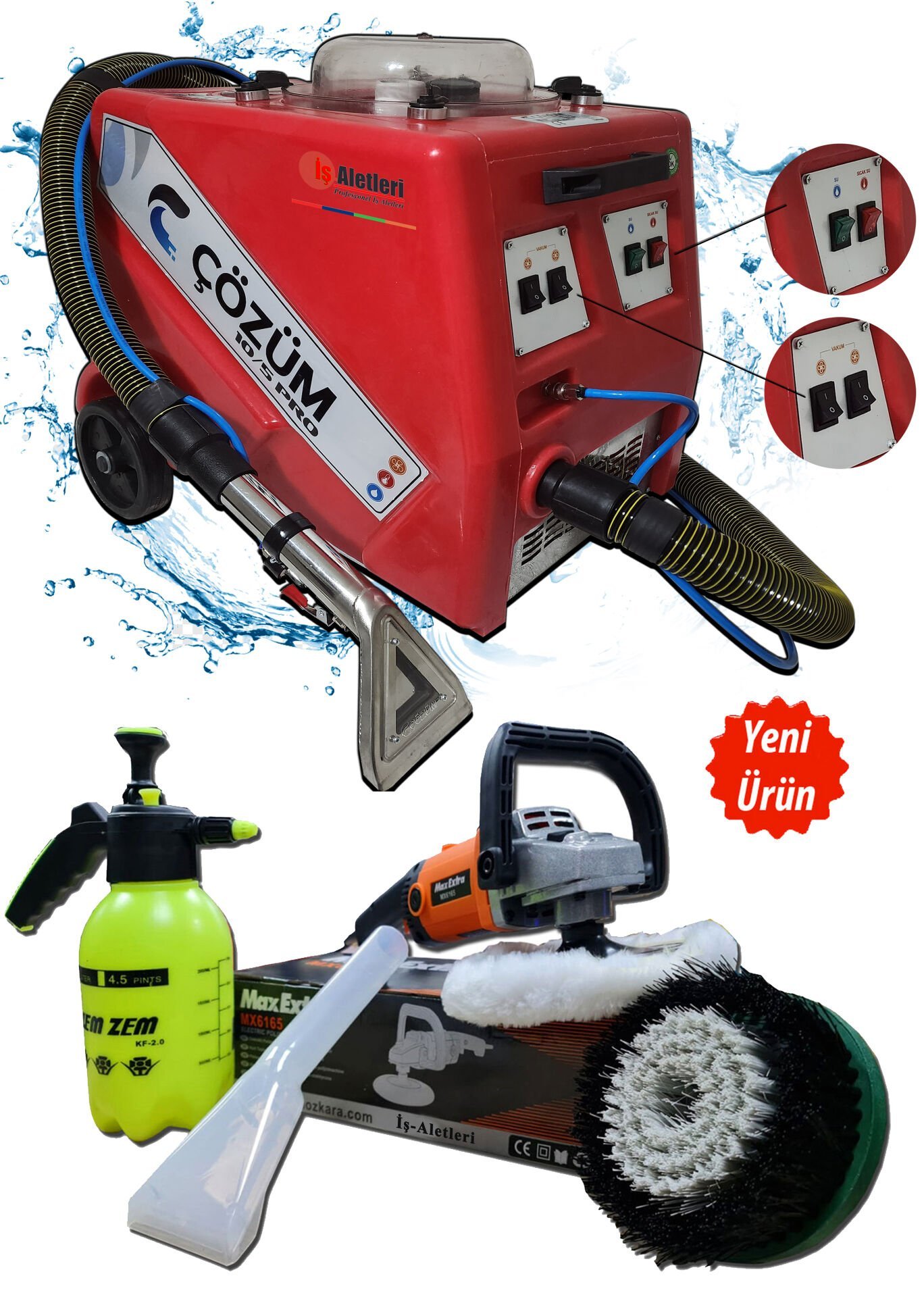 Çözüm 10-5 PRO Sıcak Sulu Halı Koltuk Perde Yatak Yıkama Makinası Süper Vakum Gücü Full Set