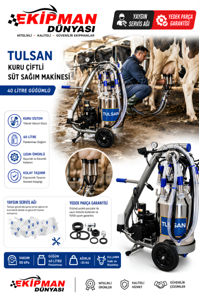 TULSAN Tempo Çift Sağım Kuru Pompa Alüminyum Tek Güğüm 40 L Süt Sağım Makinesi