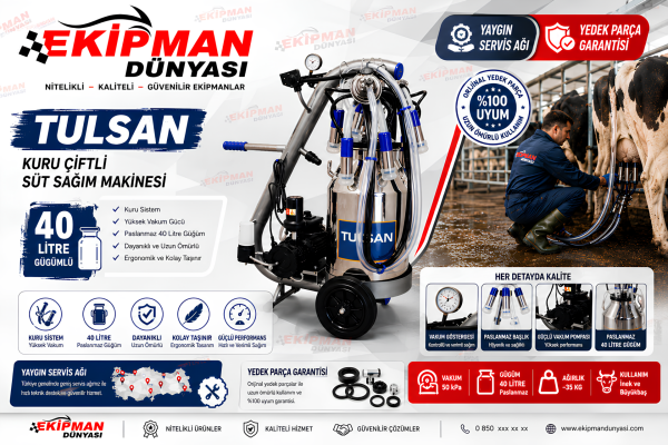 TULSAN Tempo Çift Sağım Kuru Pompa Alüminyum Tek Güğüm 40 L Süt Sağım Makinesi