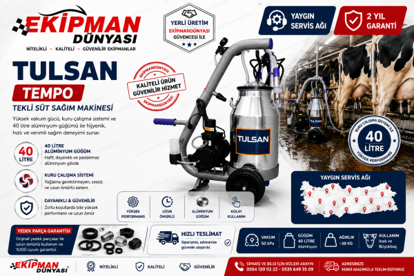 Tulsan Tempo Tekli Kuru Tip Süt Sağım Makinesi 40 Litre Alüminyum Güğüm