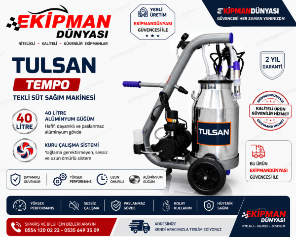 Tulsan Tempo Tekli Kuru Tip Süt Sağım Makinesi 40 Litre Alüminyum Güğüm