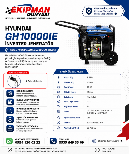 Hyundai GH10000IE 10 kVA Sessiz İnverter Jeneratör Marşlı Benzinli