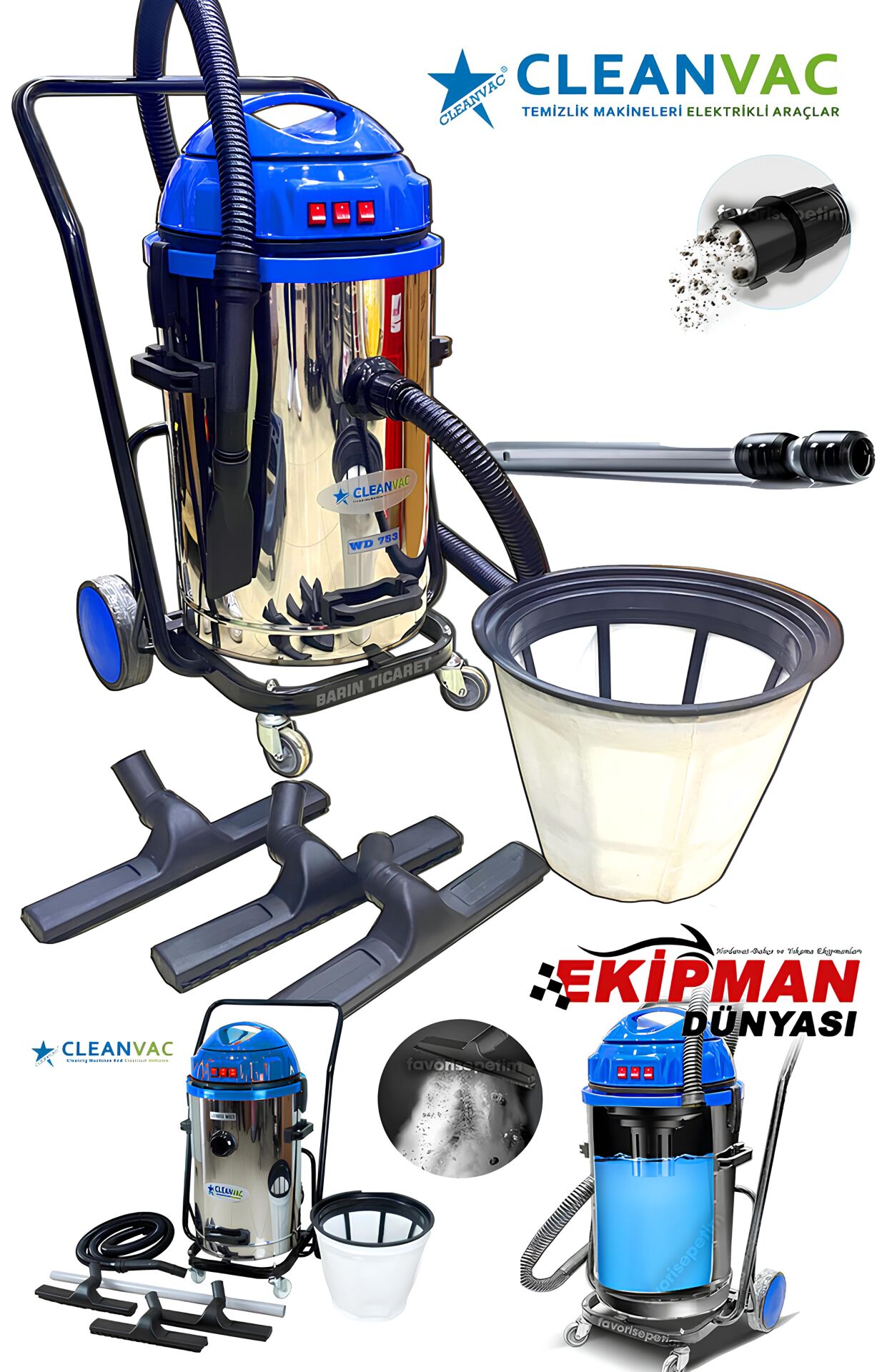 Cleanvac WD-753 Islak Kuru Özellikli Üç Motorlu Sanayi Tipi Süpürge 3600 Watt