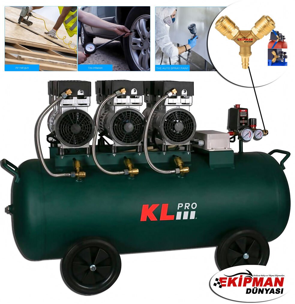 KL PRO KLK103S Sessiz Kompresör 100 Litre Yağsız Çift Çıkışlı 3 Hp