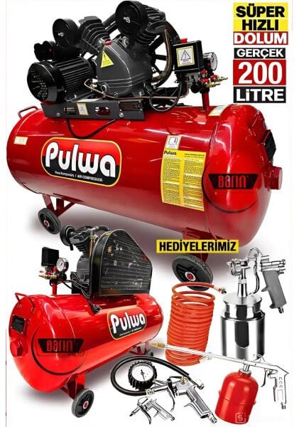 PULWA 200 Litre 3 Hp Çift Pistonlu Yağlı Sesli Kompresör 8 Bar