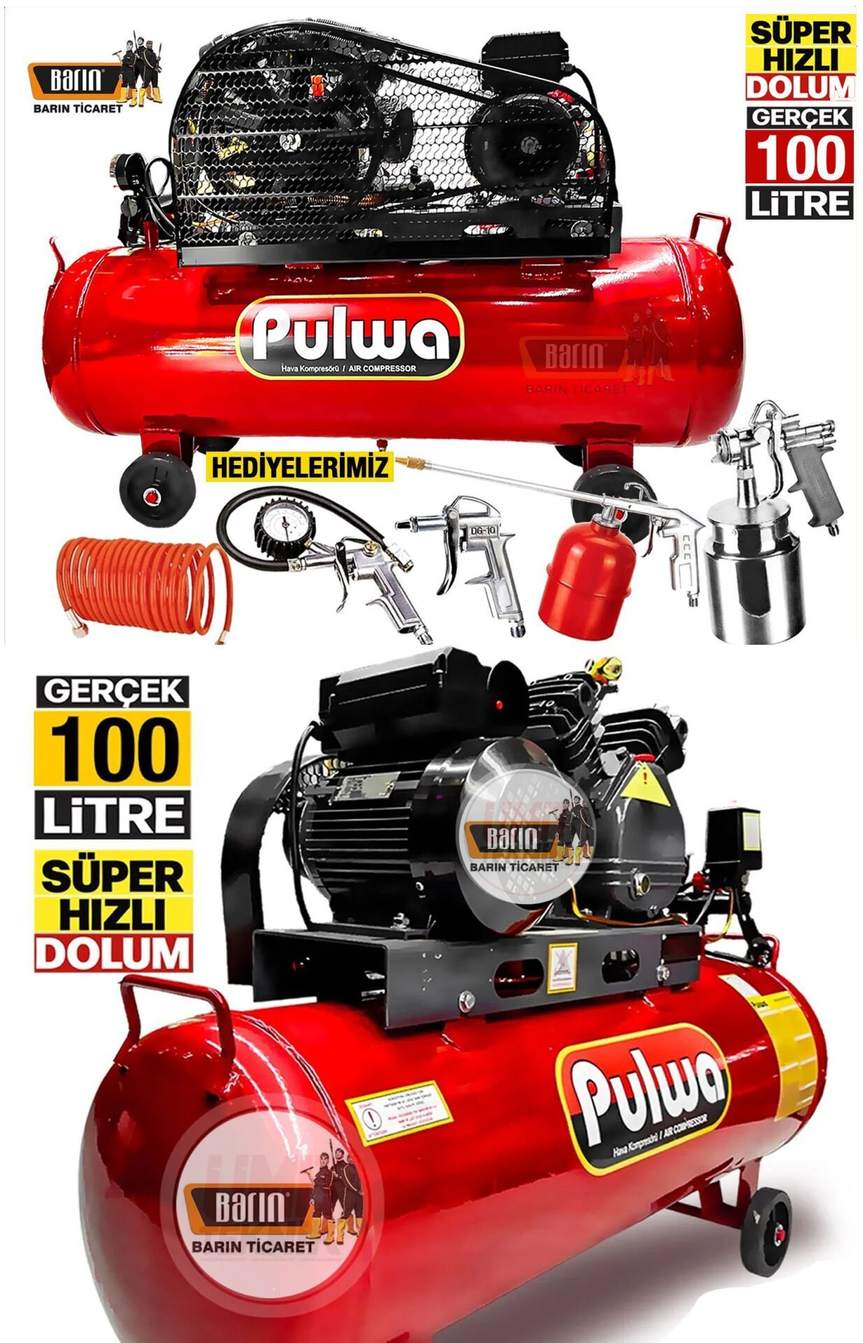 PULWA 100 Litre 2 Hp Çift Pistonlu Yağlı Sesli Kompresör 8 Bar