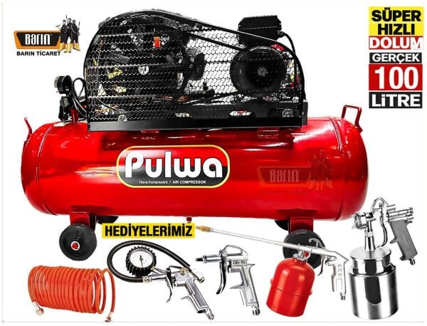 PULWA 100 Litre 2 Hp Çift Pistonlu Yağlı Sesli Kompresör 8 Bar