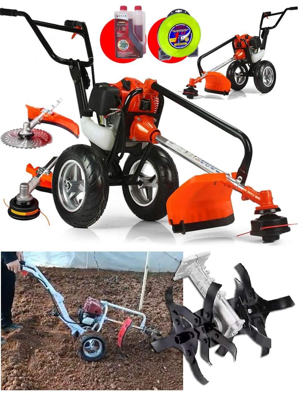 PROXTECH Arazi Seti 2,5 HP Tekerlekli Tırpan Ot Biçme 2'Lİ Toprak Eşeleme + Akrobat Çapalama Seti