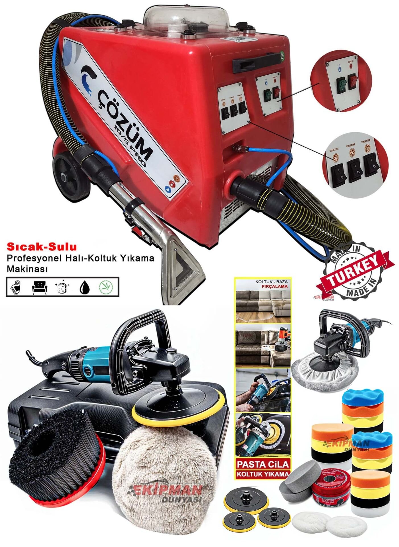 Çözüm 10-5 PRO Premium 3 Motorlu Halı Koltuk Yıkama ve Koltuk Fırçalama Seti Sıcak Sulu