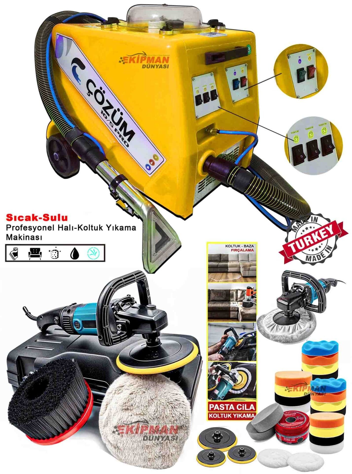 Çözüm 10-5 PRO Premium 3 Motorlu Halı Yıkama Makinesi ve Koltuk Yıkama Makinesi Full Set Sıcak Sulu