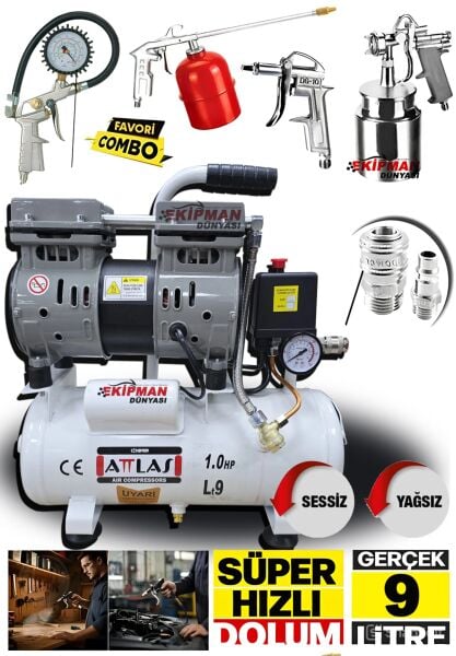 Attlas 9 Litre  Yüksek Hızlı Yağsız Sessiz Bakır Sargı Süper Hızlı Dolum Hava Kompresörü 5Li Set
