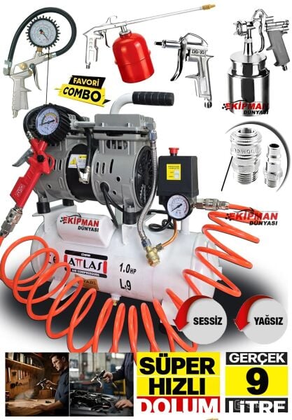 Süper Hızlı Sessiz Dolum 1Hp Gerçek 9 Litre Bakır Sargı Motor Hava Kompresörü 5Li Havalı Combo Set