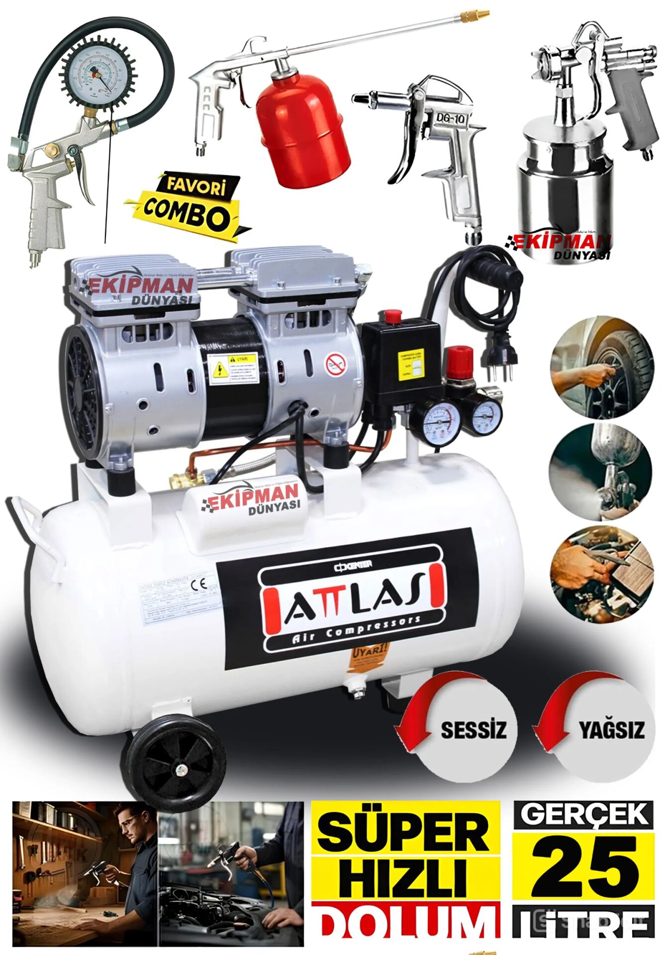Süper Hızlı Sessiz Dolum 1Hp Gerçek 25 Litre Bakır Sargı Motor Hava Kompresörü 5Li Havalı Combo Set