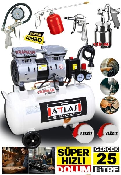 Süper Hızlı Sessiz Dolum 1Hp Gerçek 25 Litre Bakır Sargı Motor Hava Kompresörü 5Li Havalı Combo Set