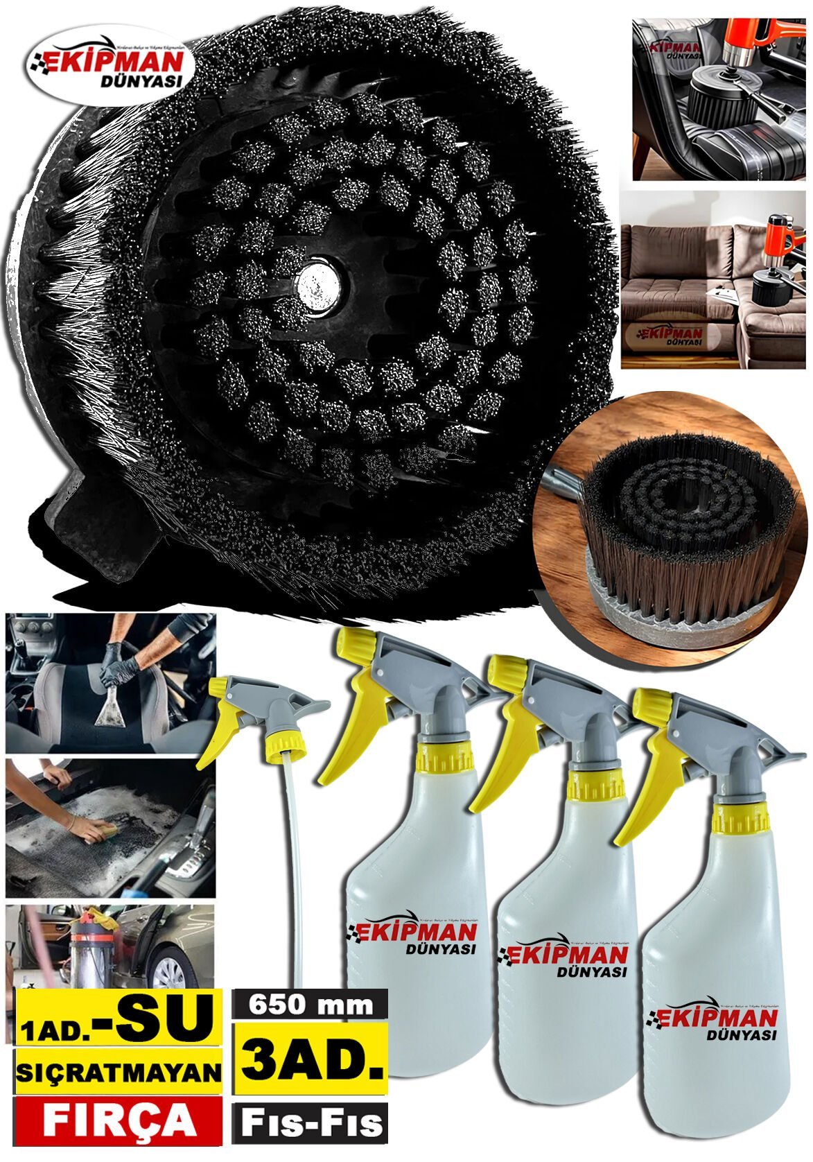 Su Sıçratmayan Koltuk Yıkama Temizlik Fırçası ve 650 MM. 3'lü İlaçlama FısFısı Süper Set