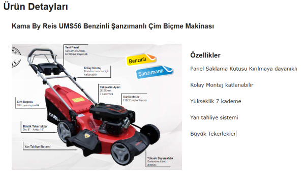 Kama By Reis UMS56 Benzinli Şanzımanlı Çim Biçme Makinası 70 Litre Sepeti ve 56 Cm Bıçak Boyu