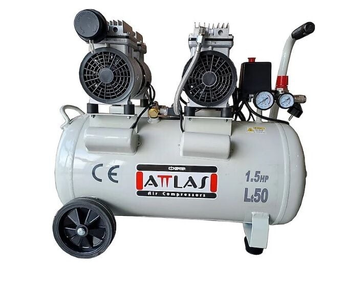 Attlas Çift Kafalı Sessiz Monofaze 1.5 Hp 50 Litre Yağsız Kompresör