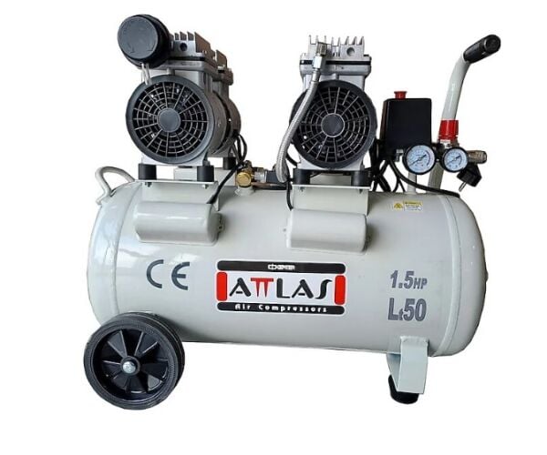 Attlas Çift Kafalı Sessiz Monofaze 1.5 Hp 50 Litre Yağsız Kompresör