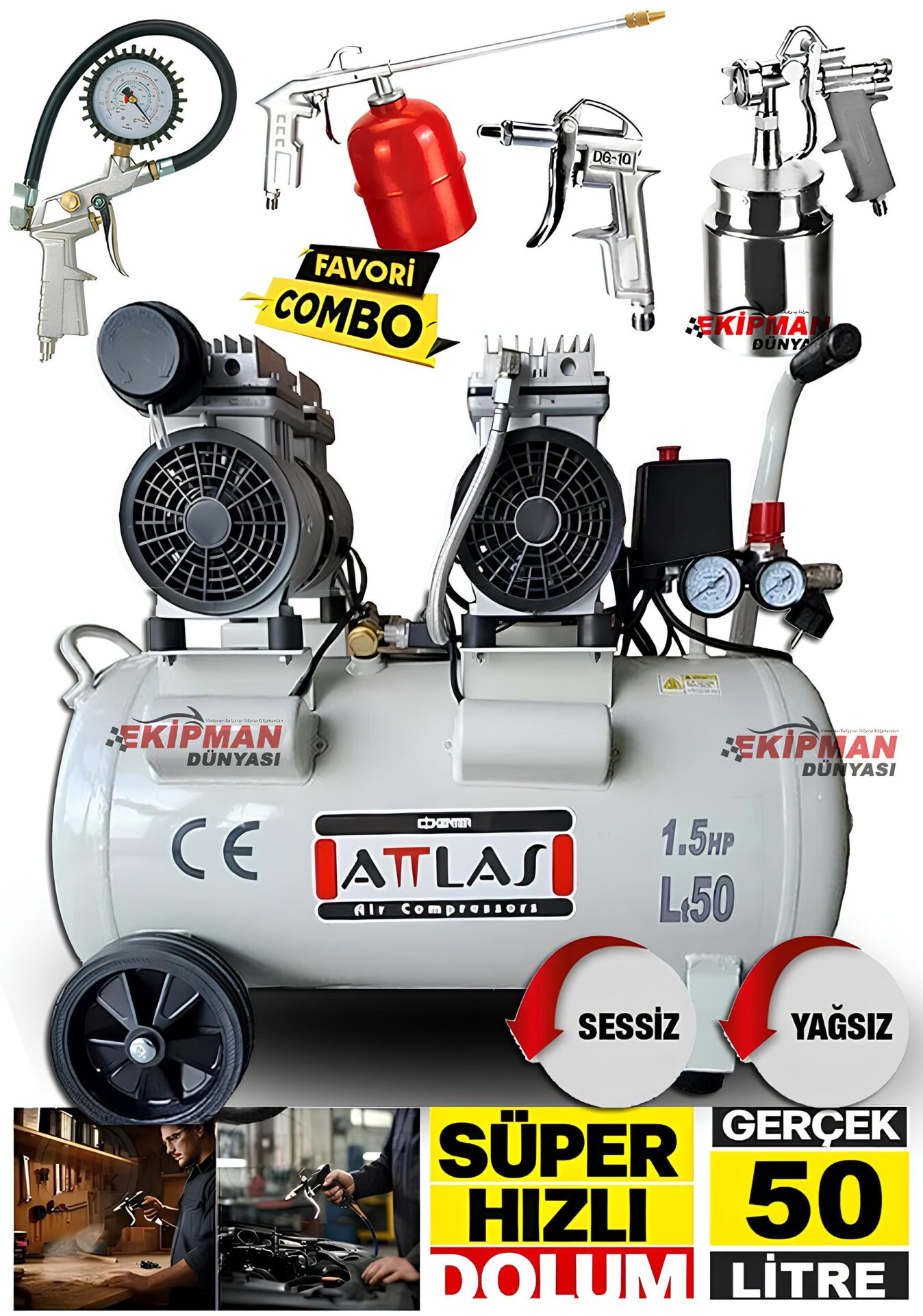 Attlas Çift Motorlu 1,5 Hp Süper Sessiz Yağsız Hava Kompresörü 8 Bar Havalı Alet Boya Seti