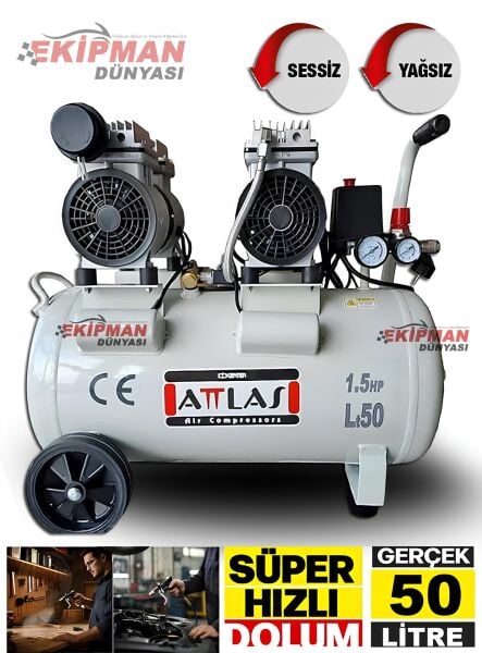 Attlas Çift Motorlu 1,5 Hp Süper Sessiz Yağsız Hava Kompresörü 8 Bar Hızlı Kompresör
