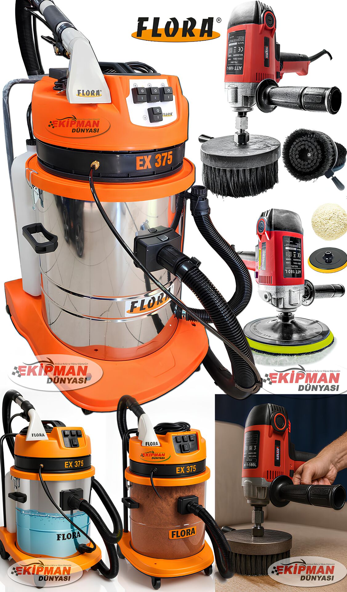 Flora EX375 4 Motorlu Halı ve Koltuk Yıkama Makinesi - Koltuk Fırçalamalı Full Set