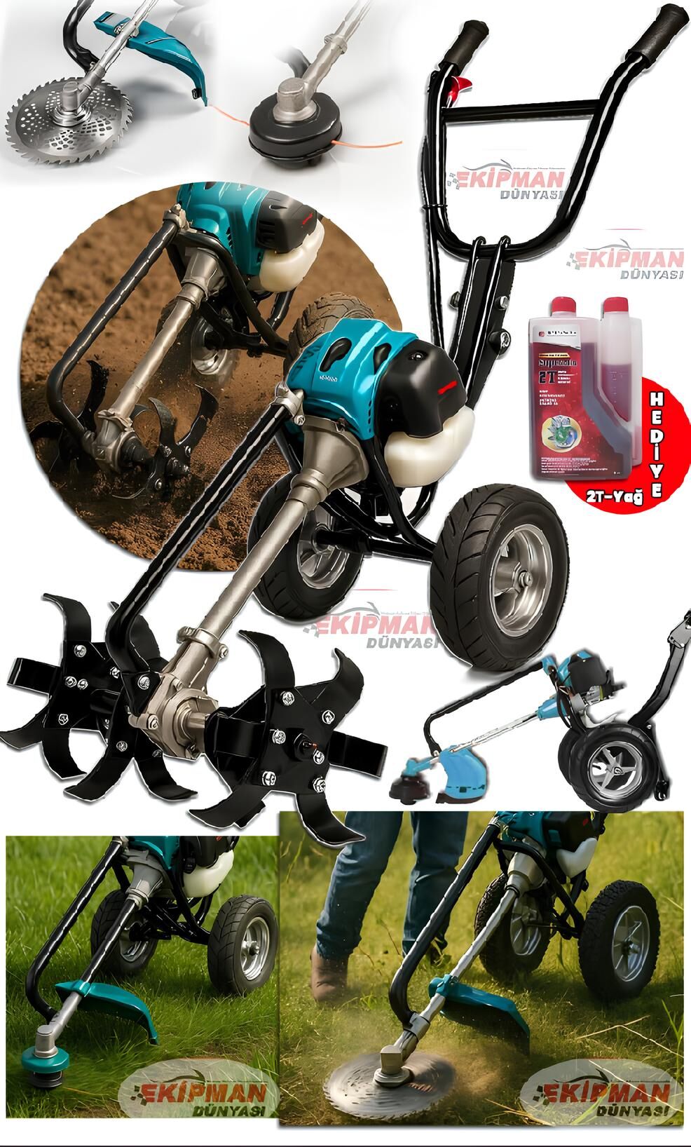 WORKMASTER 2.5 HP Tekerlekli Arazi Tırpan Seti – Ot Biçme + 2’li Toprak Eşeleme + Akrobat Çapalama Süper Paket