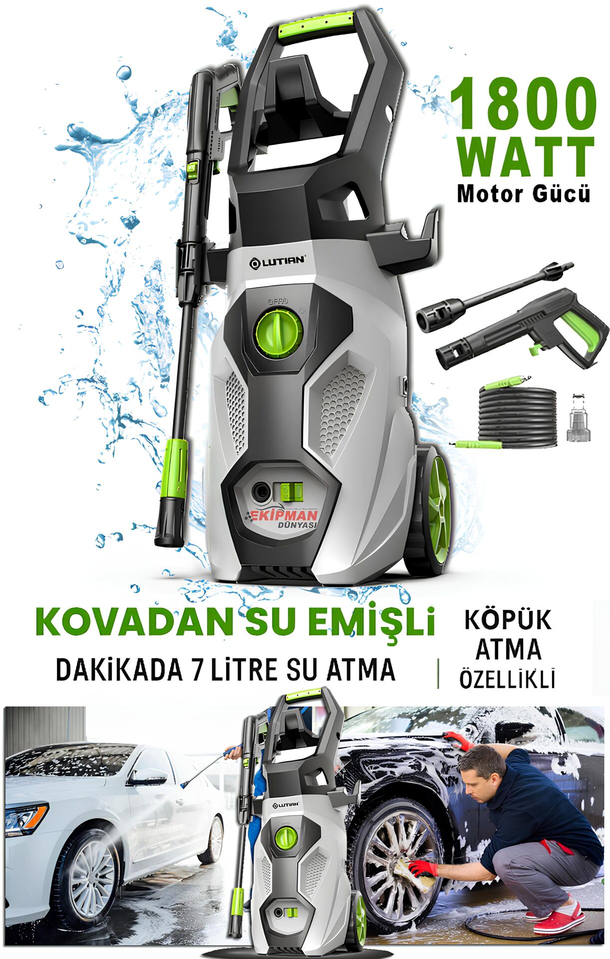 LUTIAN 150 Bar Kovadan Su Çekmeli Yüksek Basınçlı Oto Yıkama Makinesi – 1800W