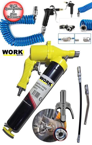 WORKMASTER Havalı 500 CC Gres Yağ Pompası Seti Profesyonel Set Çift Mandallı Gres Pompası 15 Mt Hortum Tabanca