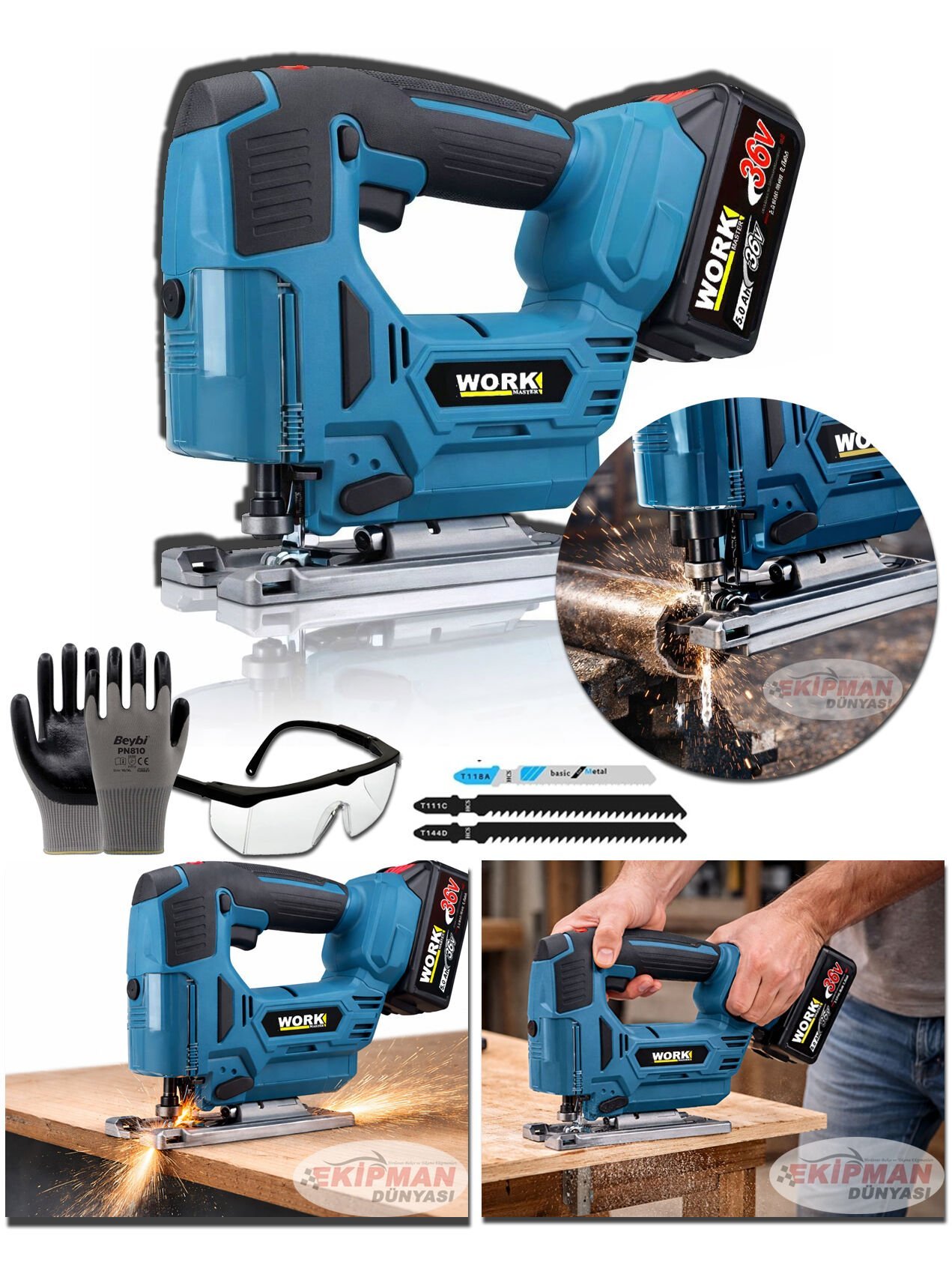 Work Master 36V Akülü Dekupaj Makinesi Lazerli | Kömürsüz Motor | 5Ah Li-ion | 60 mm
