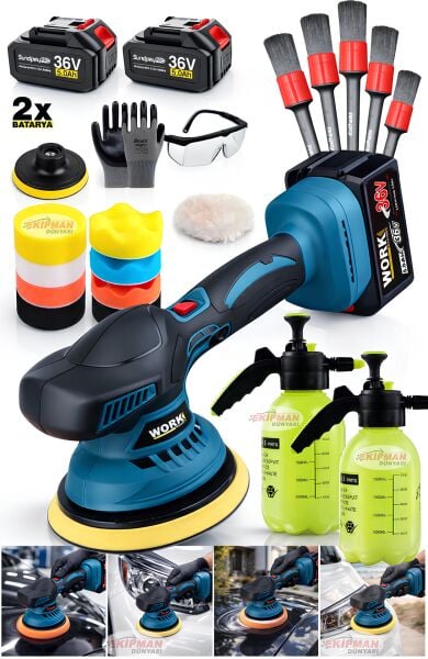 WorkMaster Akülü Polisaj Makinesi 36V Orbital Pasta Cila Parlatma Seti 11 Ped 5 Fırça 2’li Fısfıs