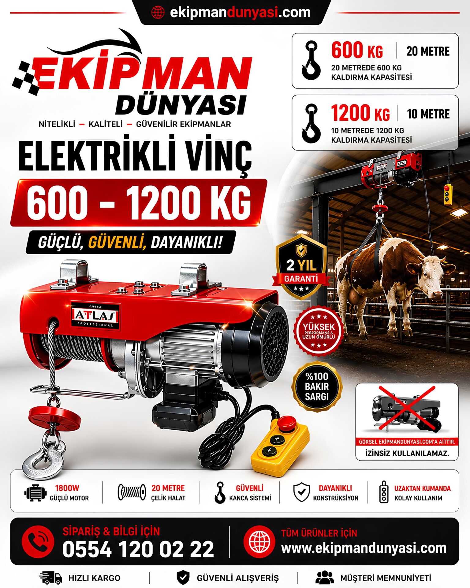 Attlas 600-1200 Kg Elektrikli Vinç Kurban Kesim Hayvan Kaldırma Taşıma Vinci