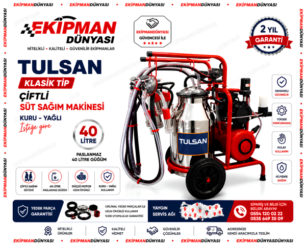 Tulsan Klasik Tip Çiftli İnek Süt Sağma Makinesi 40 Litre Hızlı Sağım