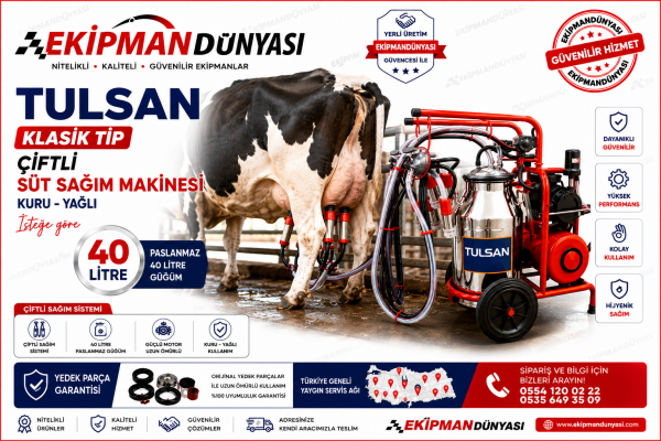Tulsan Klasik Tip Çiftli İnek Süt Sağma Makinesi 40 Litre Hızlı Sağım