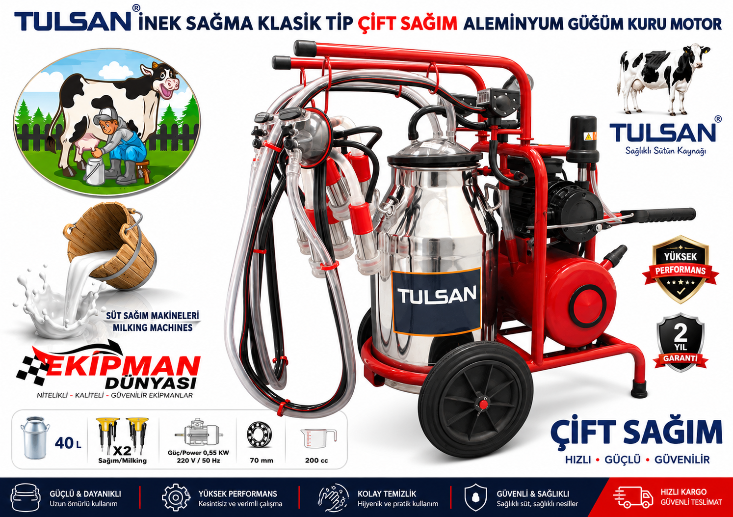 Tulsan Klasik Tip Çiftli İnek Süt Sağma Makinesi 40 Litre Hızlı Sağım