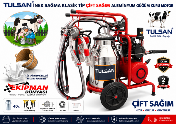 Tulsan Klasik Tip Çiftli İnek Süt Sağma Makinesi 40 Litre Hızlı Sağım