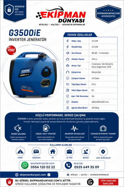 Hyundai G3500i 3.5 kVA Sessiz İnverter Jeneratör Benzinli Taşınabilir