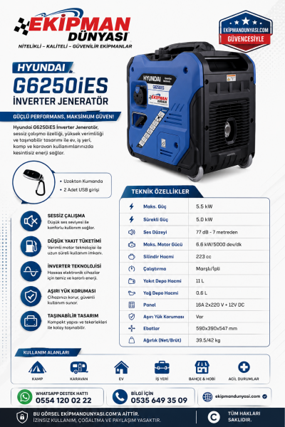 Hyundai G6250iES 6.2 kVA Sessiz İnverter Jeneratör Marşlı Benzinli