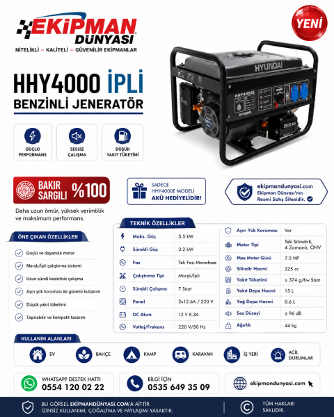 Hyundai HHY4000 4 kVA Benzinli Jeneratör İpli
