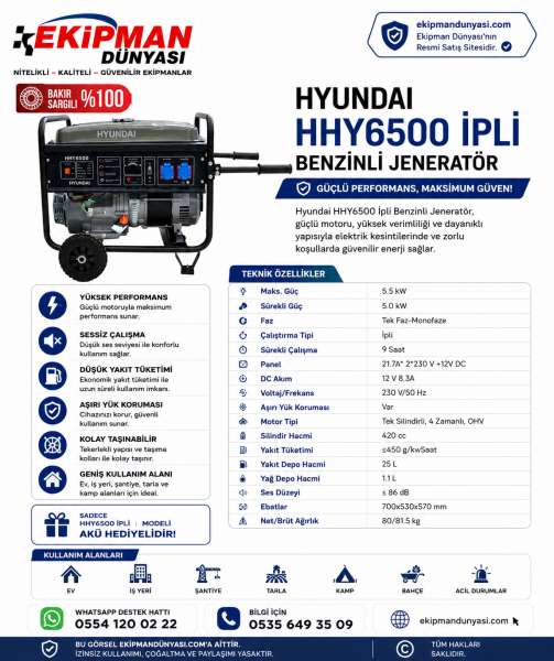 Hyundai HHY6500 İpli 5.5 kW Benzinli Jeneratör Monofaze