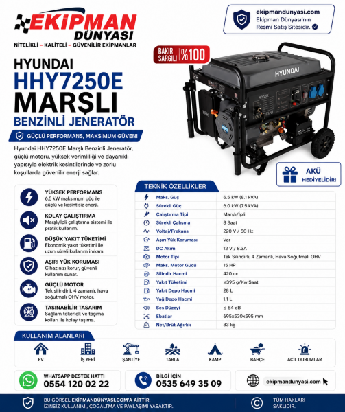 Hyundai HHY7250E 6.5 kW - 8.1 kVA Marşlı Benzinli Jeneratör Monofaze