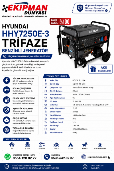 Hyundai HHY7250E-3 6.5 kW - 8.1 kVA Marşlı Benzinli Jeneratör Trifaze