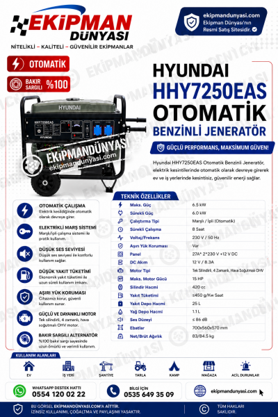 Hyundai HHY7250EAS Otomatik Marşlı Benzinli Jeneratör 6.5 kW ATS Uyumlu