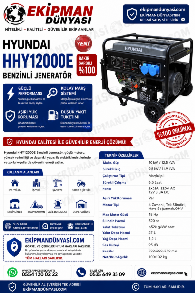Hyundai HHY12000E 12 kVa Marşlı Benzinli Jeneratör Monofaze