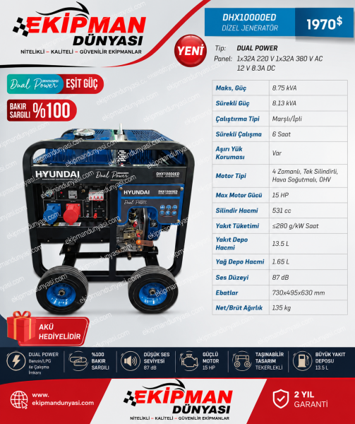 Hyundai DHX10000ED Dual Power Jeneratör 8.75 kVA 220V/380V Marşlı %100 Bakır Sargılı