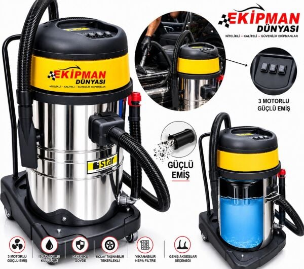 Star 603 WDM 3 Motorlu Yüksek Emiş Güçlü Islak Kuru Sanayi Tip Süpürge 3600 Watt